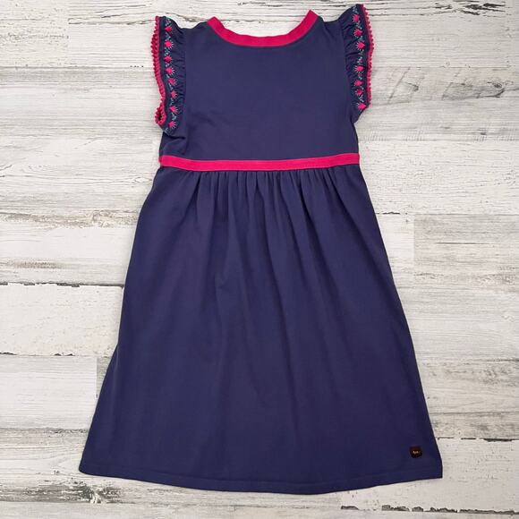 Tea Collection Girls 6 Navy Wrap Neck Dress Pink Trim Embroidered Flutter Sleeve - Picture 2 of 7